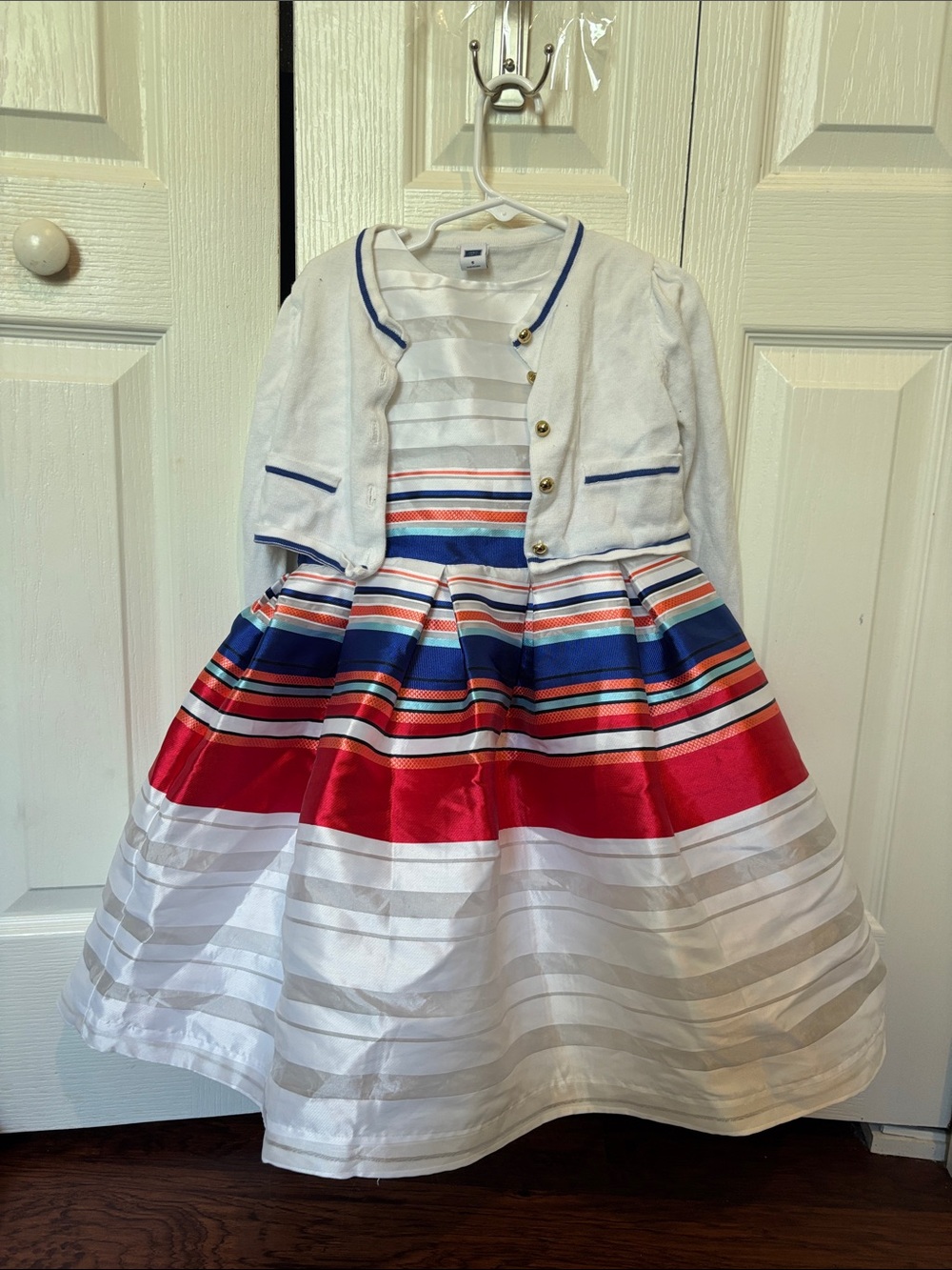 Girls White Cardigan & Striped Red-Blue Party Dress